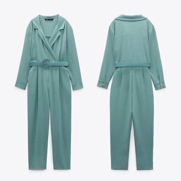 ZARA LONG BELTED JUMPSUIT TURQUOISE BLUE - Picture 5 of 13
